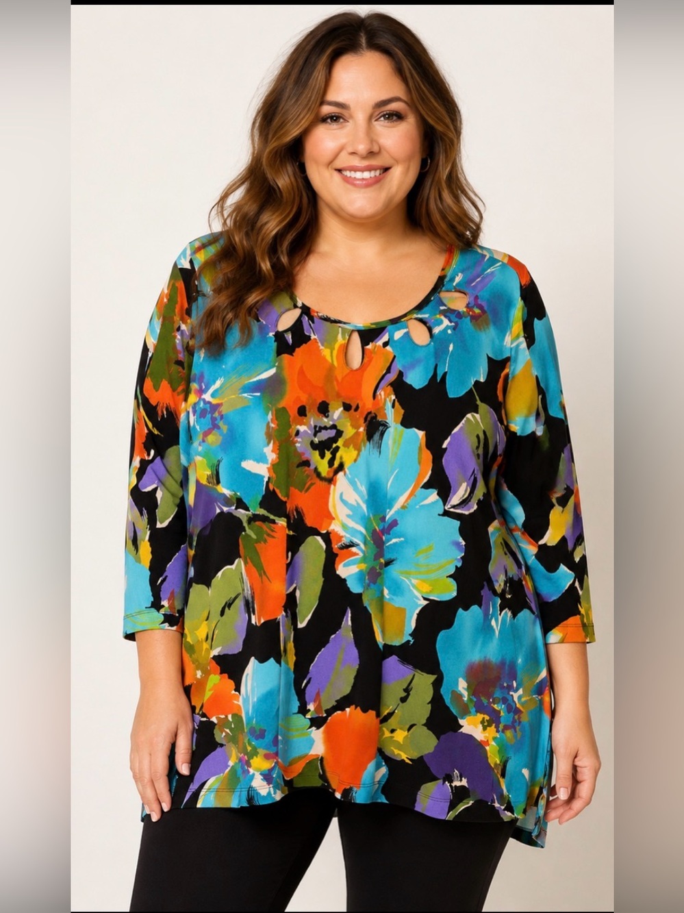 Plus Size 1X Abstract Floral Tunic Top Cutout Neck 3/4 Sleeve Multicolor